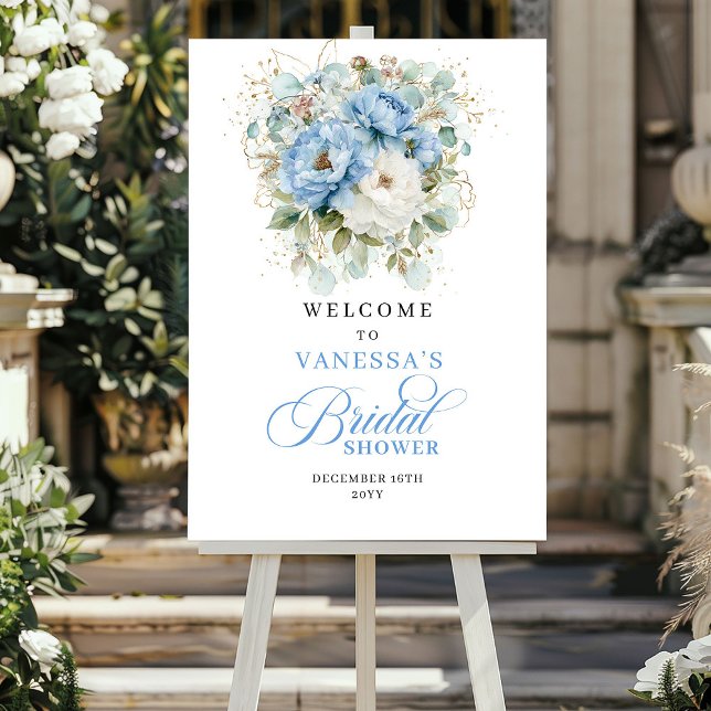 Poster Boêmio Azul Floral Verde Recepção de Noivado (Bohemian Blue Floral Greenery Bridal Shower Welcome)
