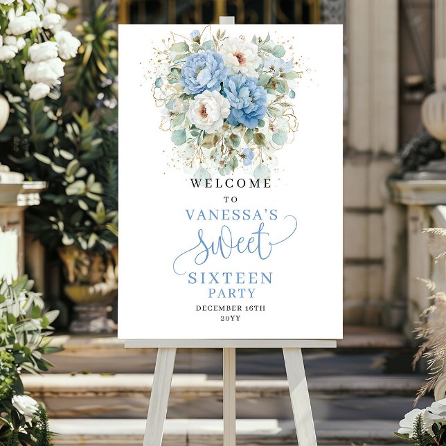 Poster Boêmio Flores Azul Pastel Doce 16 Bem-vindo (Bohemian Pastel Blue Flowers Sweet 16 Welcome)