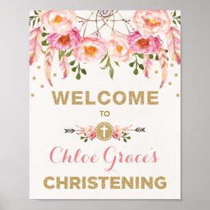 Poster Bohemian Floral Christening Pink & Dourado Welcome