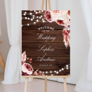 Poster Bohemian Rosa Rustic Wood Wedding Bem-vindo