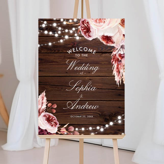Poster Bohemian Rosa Rustic Wood Wedding Bem-vindo (Criador carregado)