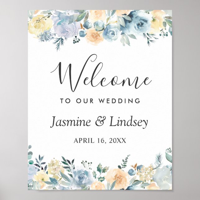 Poster Bohemian Vanilla Blue Floral Weding Sign (Frente)
