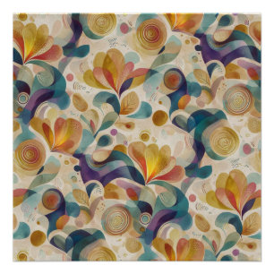 Póster Boho Abstrato Floral Redemoinho Dourado e Azul-Ver