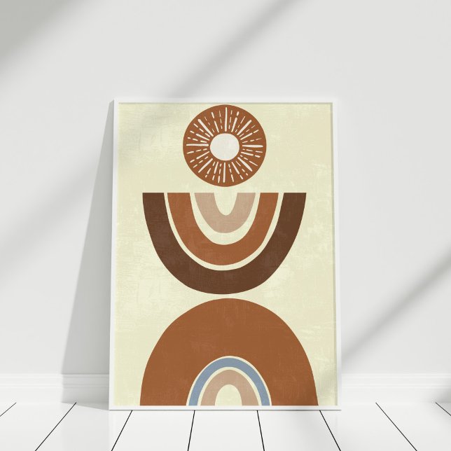 Poster Boho Abstrato Terra Tone Folk e Arco-íris (Boho Abstract Earth Tone Folk and Rainbow Poster in a white frame.)