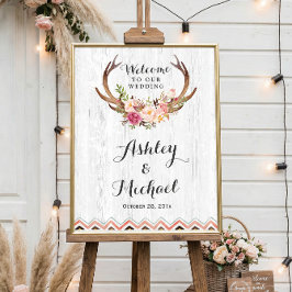 Póster Boho Antler Floral Rustic White Wood Sinal