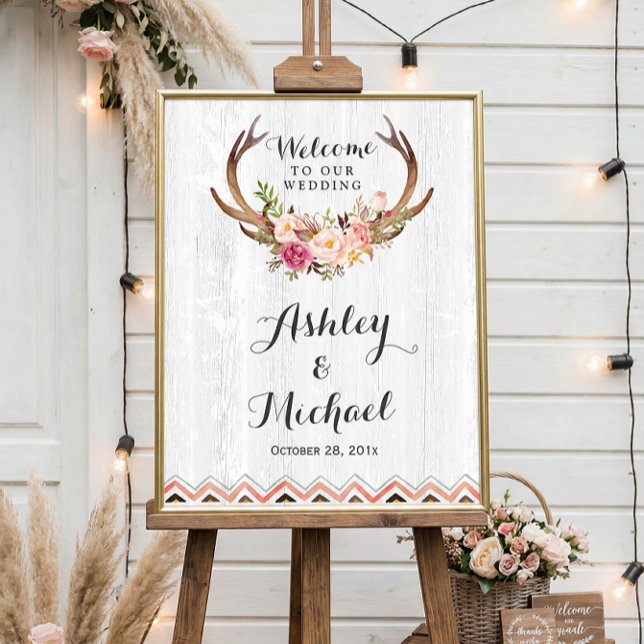 Póster Boho Antler Floral Rustic White Wood Sinal (Criador carregado)