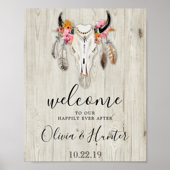 Poster Boho Antlers Skull Wood Bem-vindo Casamento (Frente)