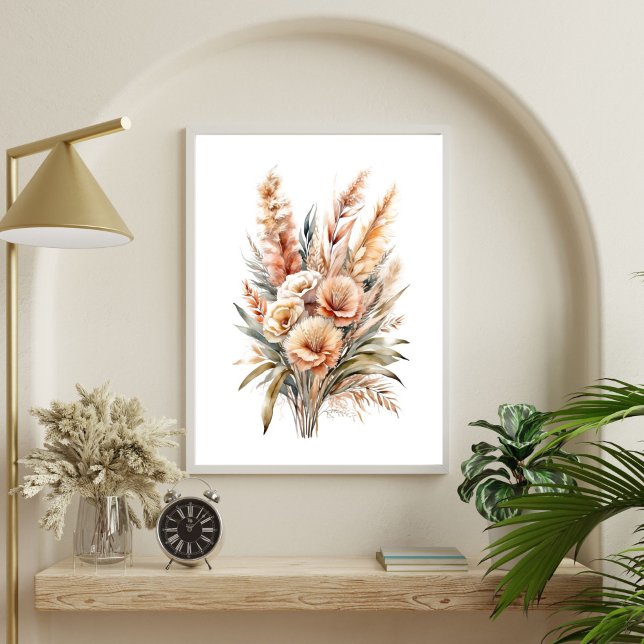 Poster Boho Aquarela Bege Creme Marrom Botânico Floral (Boho Floral Botanical Cream Brown Beige Bouquet Wall Art Poster Print. Printed or Digital Download)