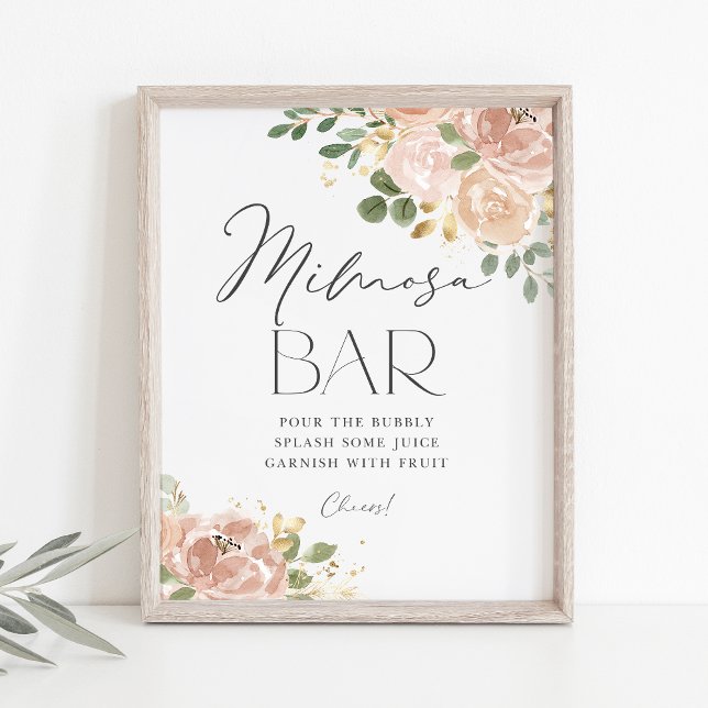 Poster Boho Aquarela Flores de Pêssego Mauve Mimosa Bar (Boho Mimosa Bar Sign featuring watercolor mauve peach flowers and faux gold foil accents.)