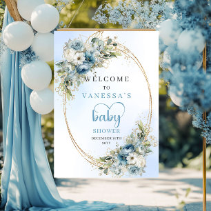 Poster Boho Azul Empoeirado Floral Dourado Chuveiro de Be