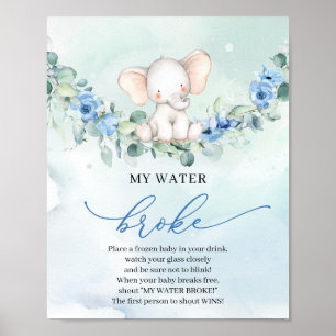 Poster Boho Baby elefant Blue floral My Water Broke game