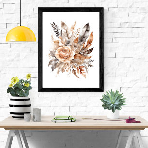 Poster Boho Bege Cinza Floral Botânico Penas