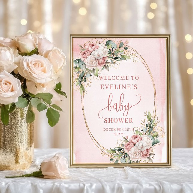 Poster Boho Bem-Vindo Rosa Flores Sinal de Chá de Bebê (Boho Welcome Blush Pink Flowers Baby Shower Sign)