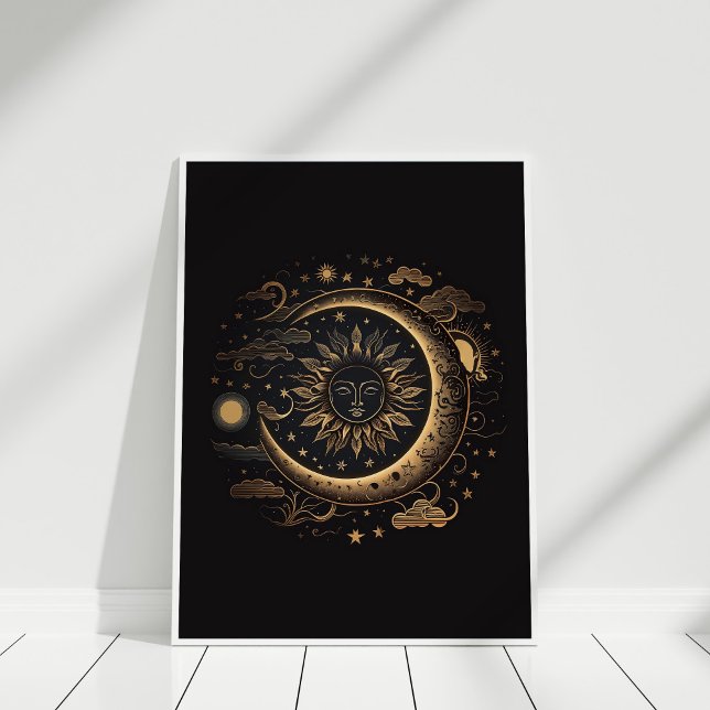 Poster Boho Black Copper Sun e Moon Wall Art (Boho Black Copper Sun and Moon Wall Art in a white frame against white wall.)