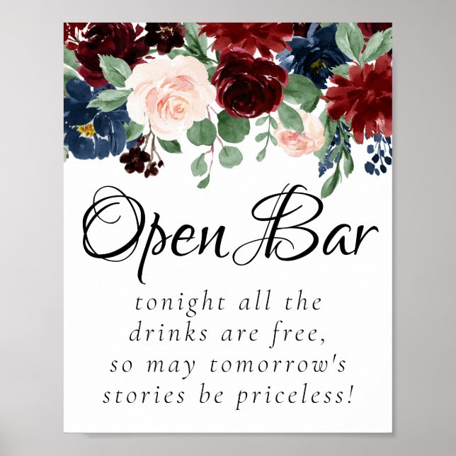 Poster Boho Bloom | Tinto Borgonha e Bar Aberto Azul-Mari (Frente)