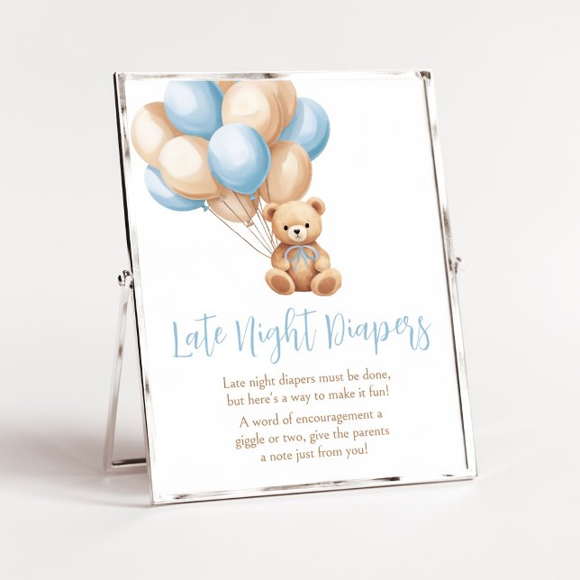 Poster Boho Blue Balloon Bear Tarde Fraldas Noturnas (We Can Bearly Wait Boy Baby Shower Late Night DIapers Sign)