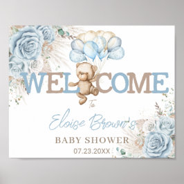 Poster Boho Blue Floral Pampas Bear Chá de fraldas Bem-vi