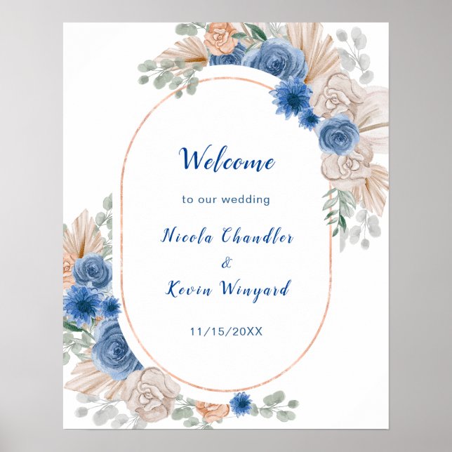 Poster Boho Blue Pampas Grass Weding Welcome (Frente)