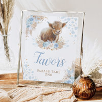 Boho Blush Blue Highland Cow Favor Sinal