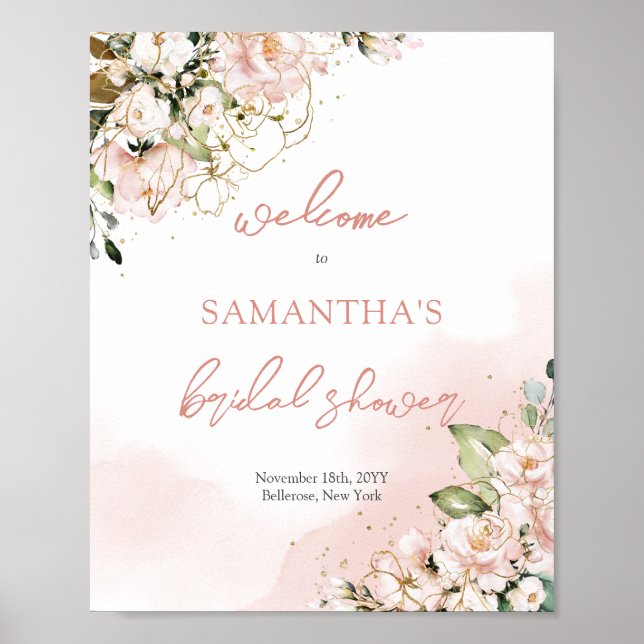 Poster Boho blush cor-de-rosa chá de panela floral (Frente)