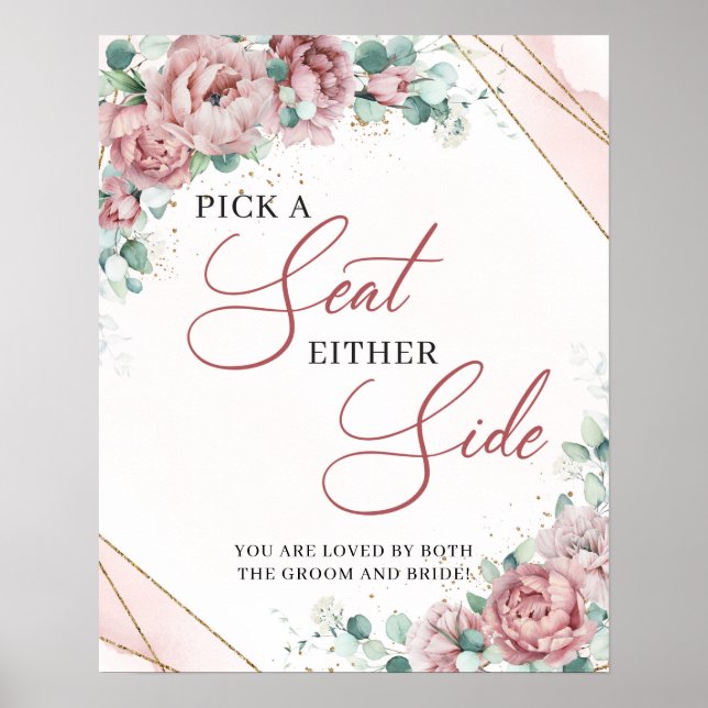 Poster Boho Blush floral dourado Escolha um Assento de Qu (Frente)