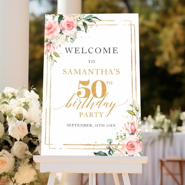 Poster Boho Blush floral sage gold 50º aniversário bem-vi (Elegant boho blush pink roses greenery gold frame 50th birthday welcome sign )