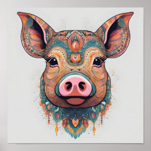 Poster Boho Bohemian Pig Whimsical Wall Art