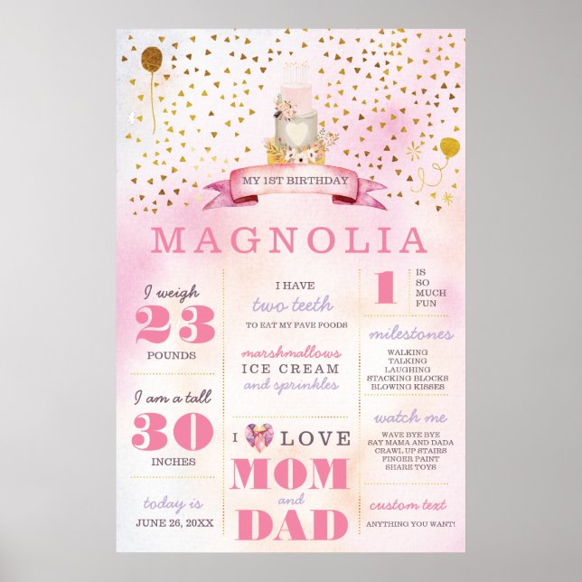 Poster Boho Boho Stats Milestone - Rosa e Dourado - Poste (Frente)
