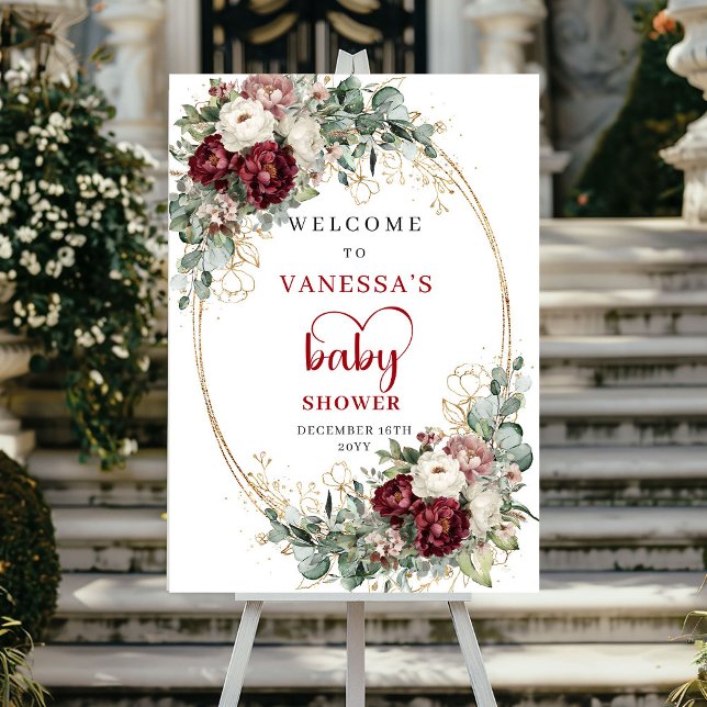 Poster Boho Borgonha Eucalipto Bem-vindo ao Chá de Bebê (Boho Burgundy Eucalyptus Baby Shower Welcome)