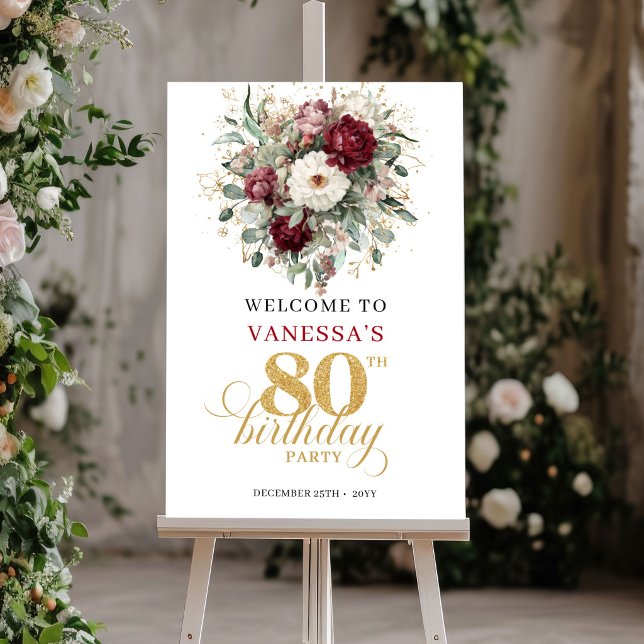 Poster Boho Borgonha Eucalipto Placa de Boas-Vindas de 80 (Boho Burgundy Eucalyptus 80th Birthday Welcome Sign)