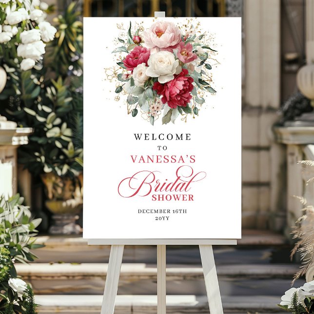 Poster Boho Borgonha Floral Verdura Chá de Bebê de Noiva  (Boho Burgundy Floral Greenery Bridal Shower Welcome)