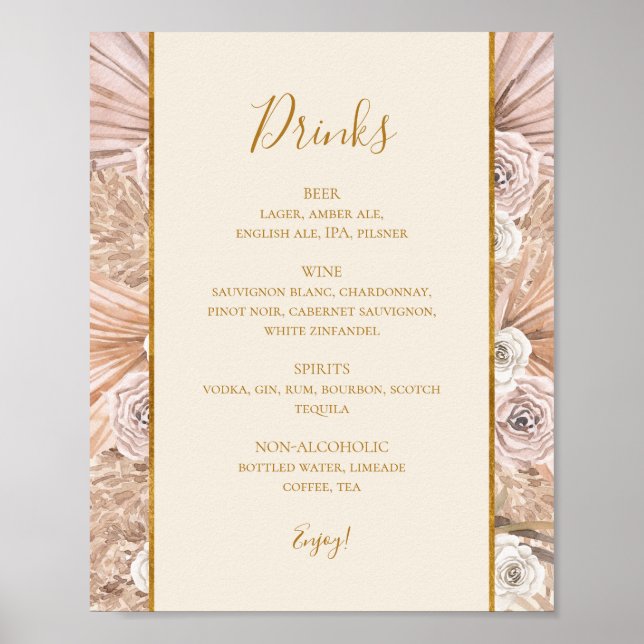Poster Boho Botânico | Indicativo De Menu "Drinks" De Cas (Frente)