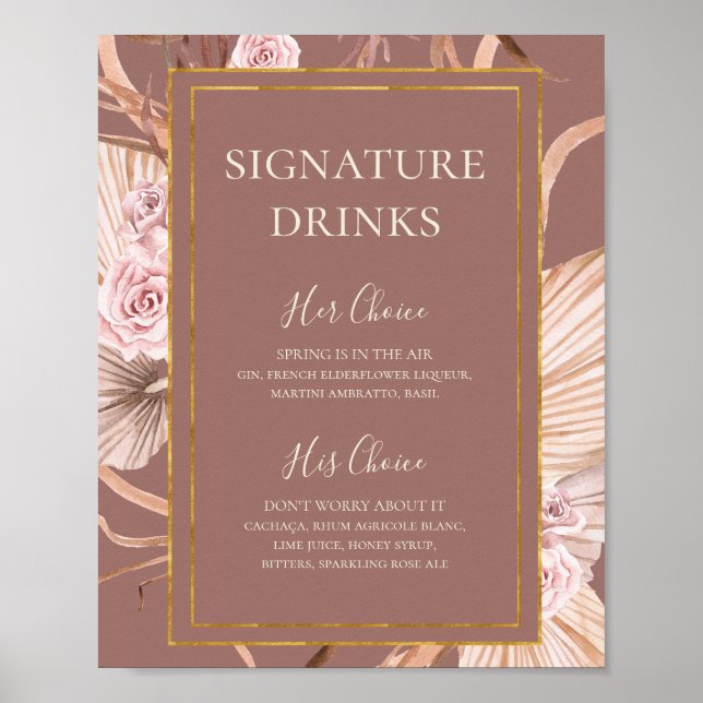 Poster Boho Botânico | Placa de Bebidas com Selo Rosa Emp (Frente)