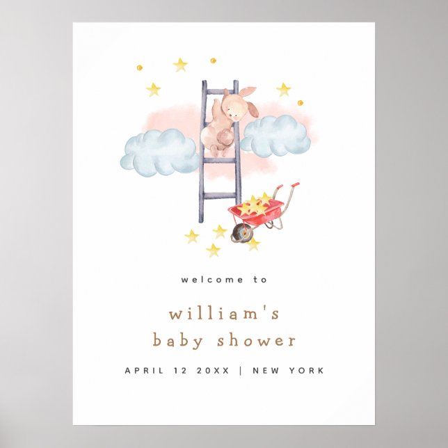Poster Boho Bunny Stars Mínimo Chá de fraldas Bem-vindo (Frente)