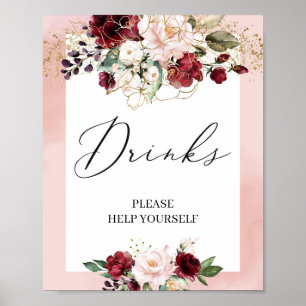 Poster Boho burgundy blush - sinal de bebida floral rosa