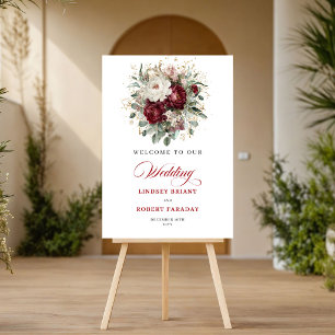 Poster Boho Burgundy Floral Verde Bem-Vindo Botânico