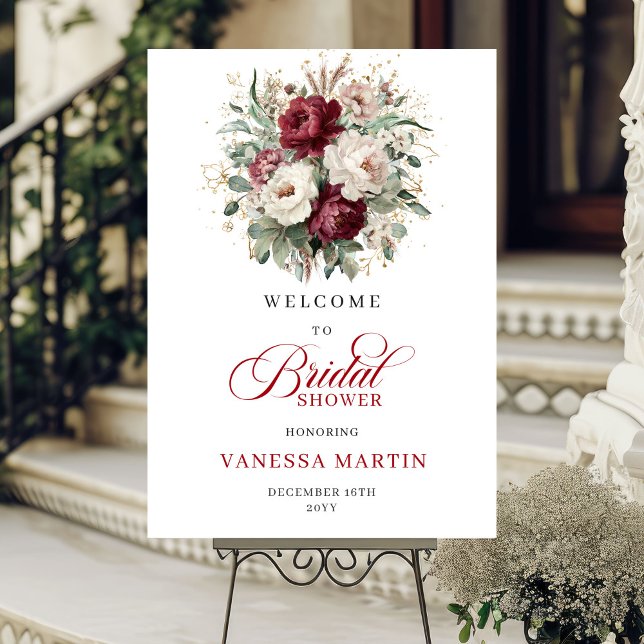 Poster Boho Burgundy Flores Boas-Vindas Chá de Bebê de No (Boho Burgundy Flowers Bridal Shower Welcome)