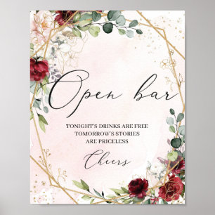 Poster Boho burgundy, placa de bar aberta do casamento fl