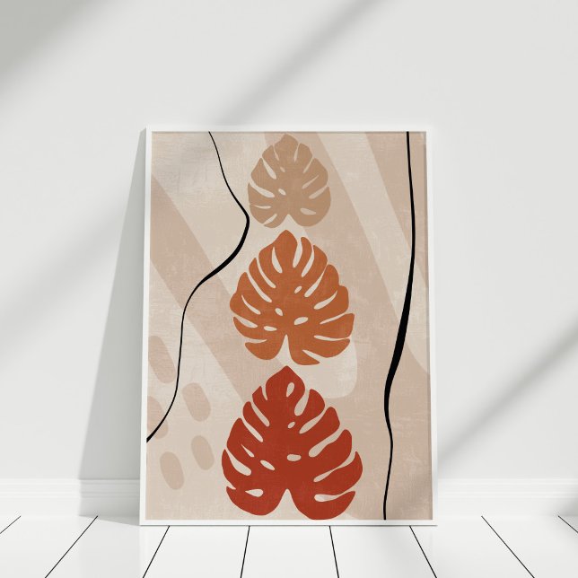 Poster Boho Burnt Orange Beige Monstera Wall Art (Boho Burnt Orange Beige Monstera Wall Art in a white frame.)