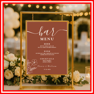 Poster Boho Burnt Orange Wildflower Menu Bar de Casamento