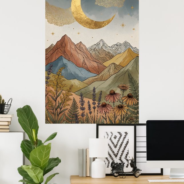 Poster Boho Celestial Dourado Crescente Lua Montanha (Escritório em casa)