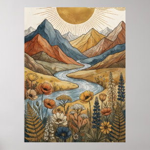 Poster Boho Celestial Explosão Solar Montanha Rio Lupino