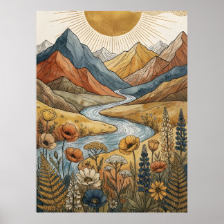 Poster Boho Celestial Explosão Solar Montanha Rio Lupino