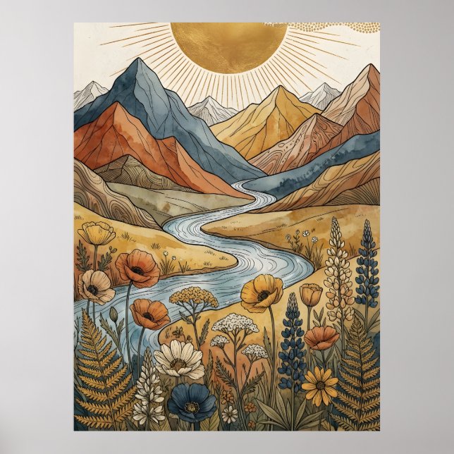 Poster Boho Celestial Explosão Solar Montanha Rio Lupino (Frente)
