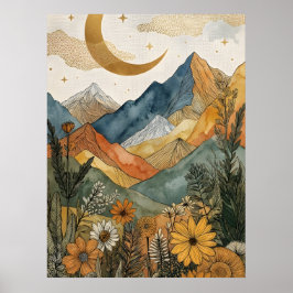 Poster Boho Celestial Ouro Lua Montanha Flor Silvestre