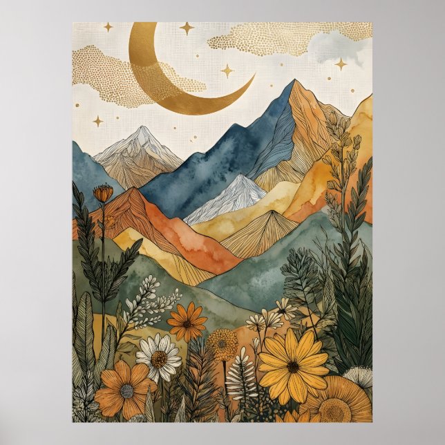 Poster Boho Celestial Ouro Lua Montanha Flor Silvestre (Frente)