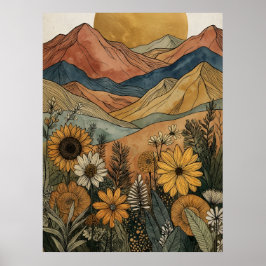 Poster Boho Celestial Sol de Ouro Montanha Girassol