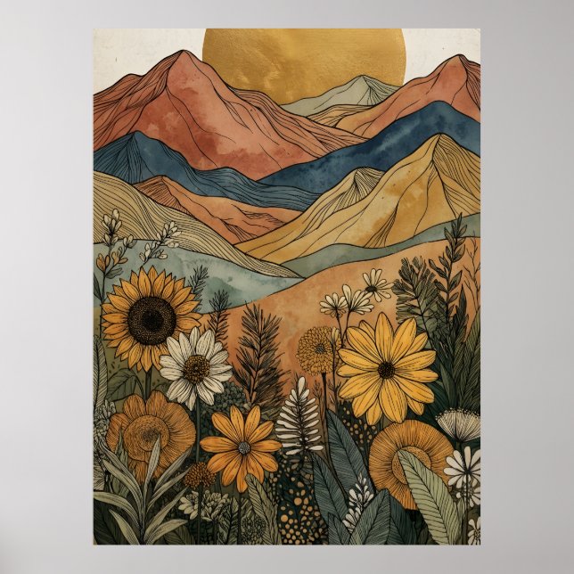 Poster Boho Celestial Sol de Ouro Montanha Girassol (Frente)