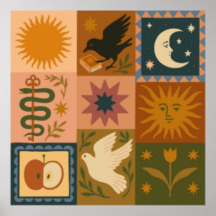 Poster Boho Celestial Sol e Lua Retrospectiva