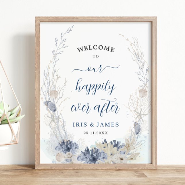 Poster Boho Chic Beach Coastal Wedding Welcome (ethereal soft blue neutral beach destination beachside nautical resort wedding welcome sign poster)